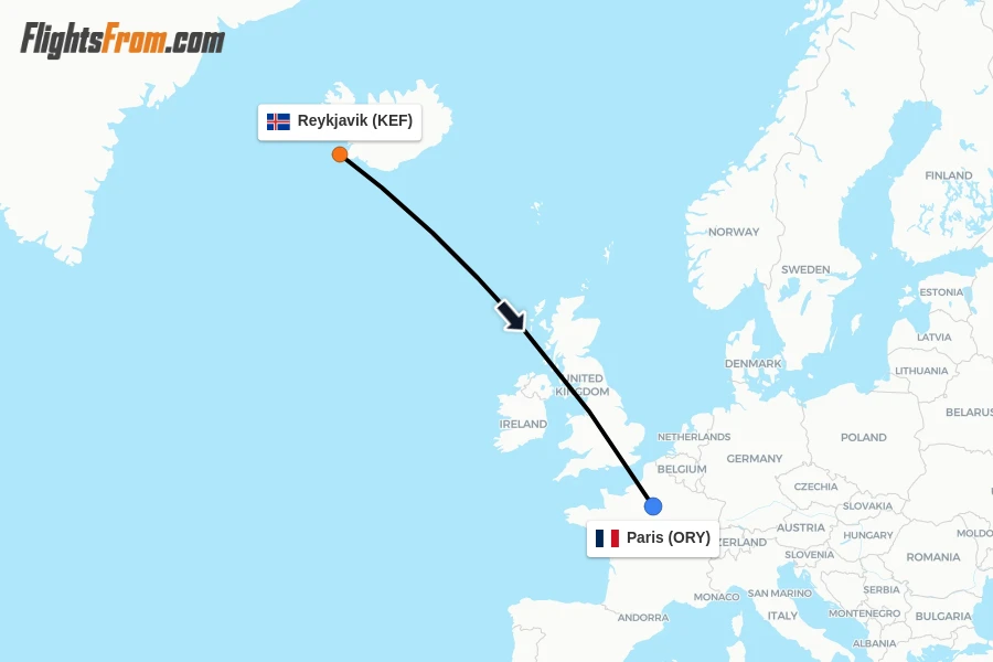 Flights from Reykjavik to Paris route map
