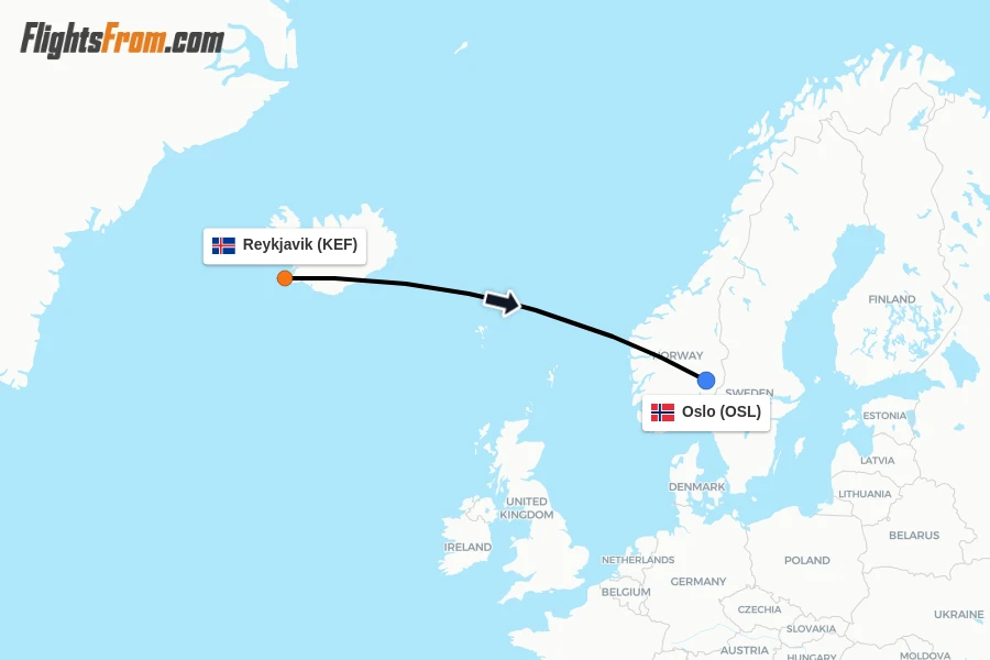 Flights from Reykjavik to Oslo route map
