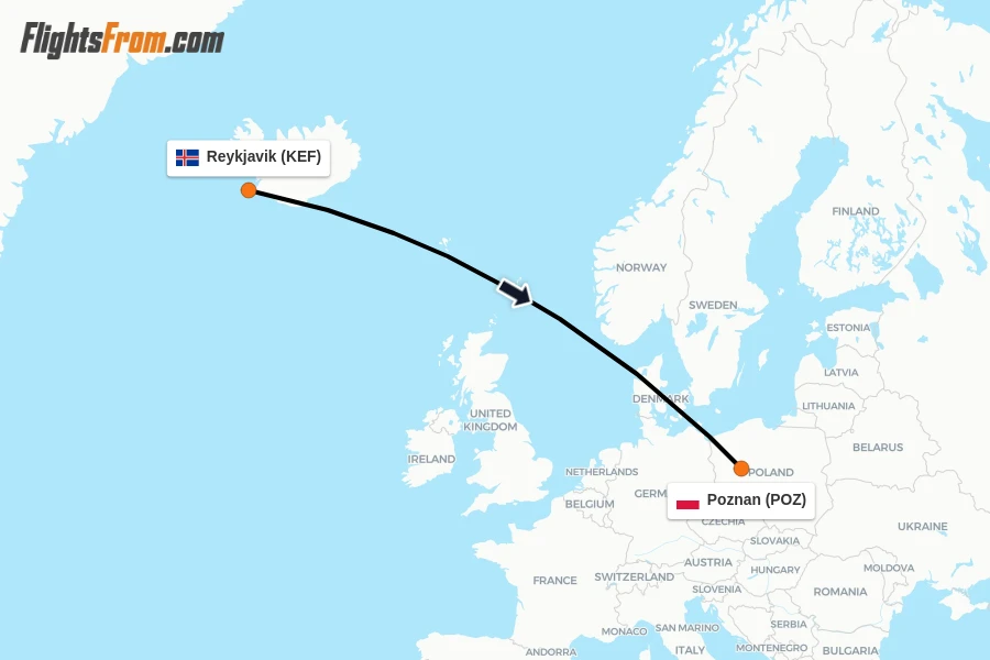 Flights from Reykjavik to Poznan route map