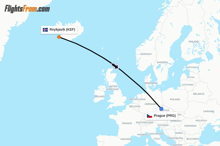 Flights from Reykjavik to Prague route map