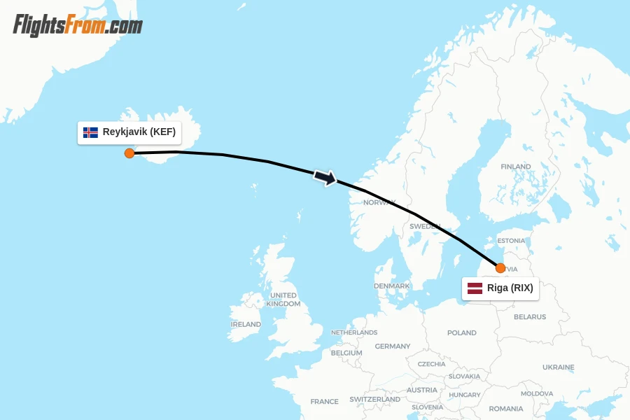 Flights from Reykjavik to Riga route map