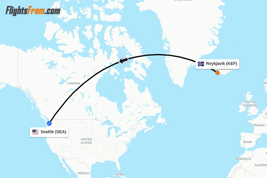 Flights from Reykjavik to Seattle route map