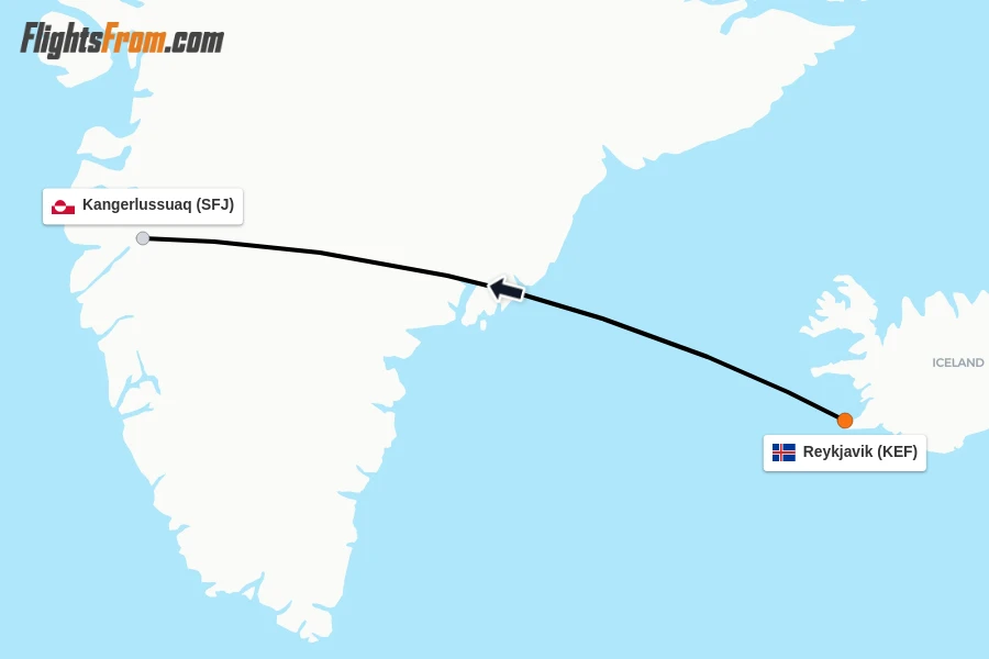 Flights from Reykjavik to Kangerlussuaq route map