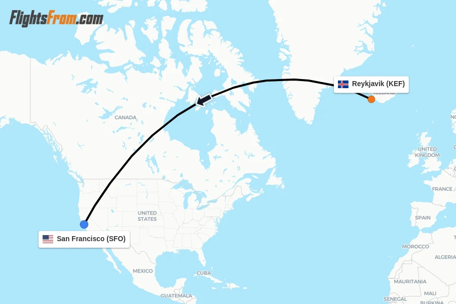 Flights from Reykjavik to San Francisco route map