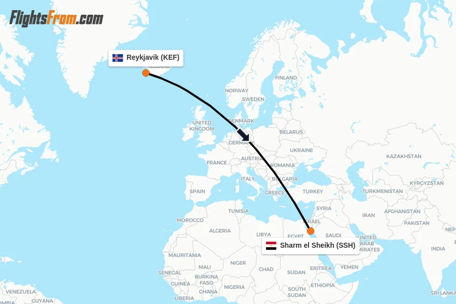 Flights from Reykjavik to Sharm el Sheikh route map