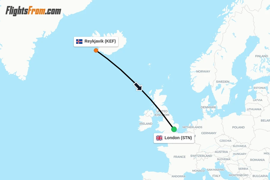 Flights from Reykjavik to London route map