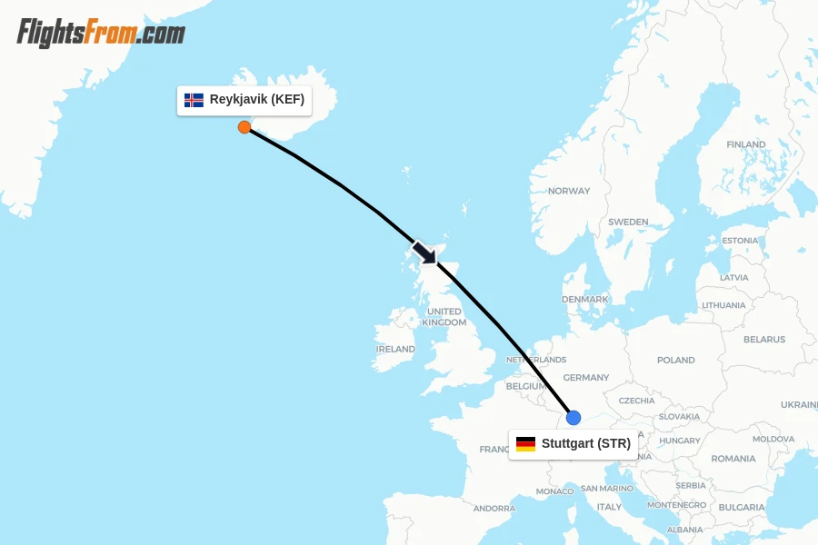 Flights from Reykjavik to Stuttgart route map