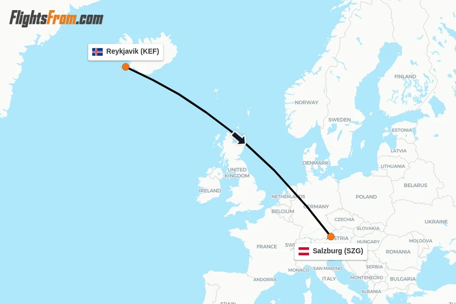 Flights from Reykjavik to Salzburg route map