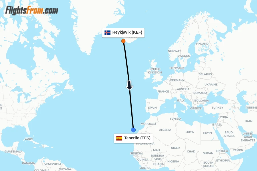 Flights from Reykjavik to Tenerife route map