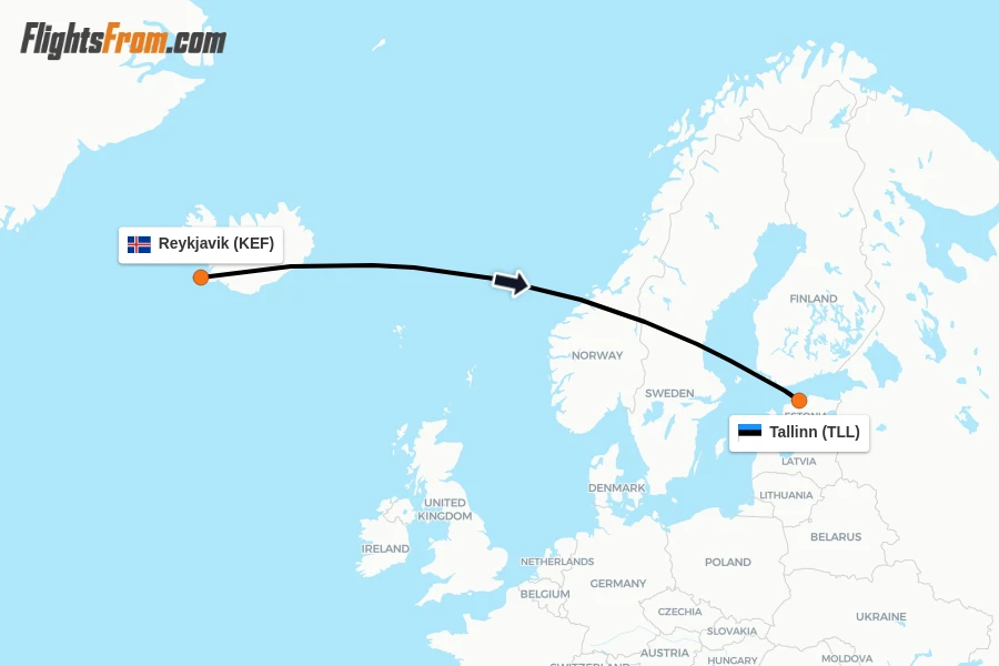 Flights from Reykjavik to Tallinn route map