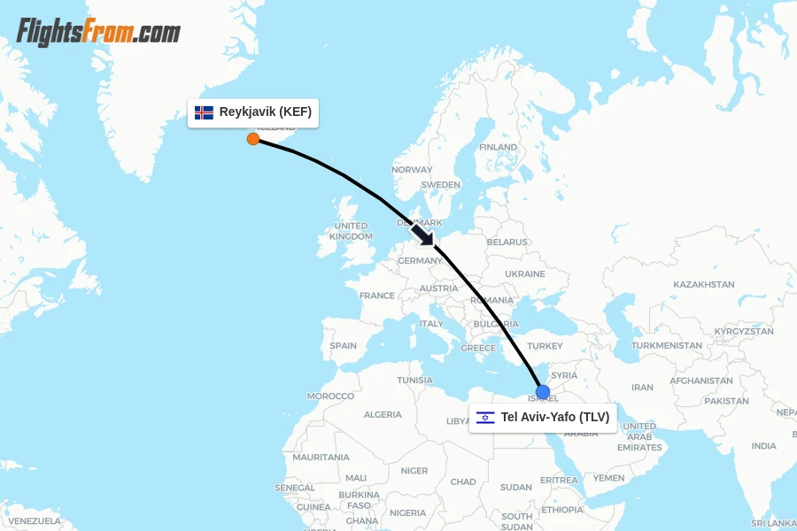 Flights from Reykjavik to Tel Aviv-Yafo route map