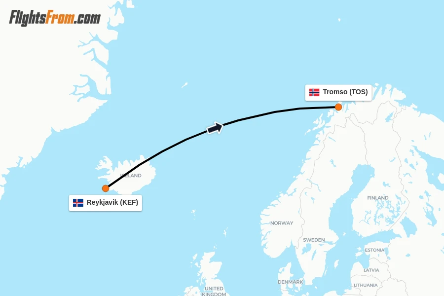 Flights from Reykjavik to Tromso route map