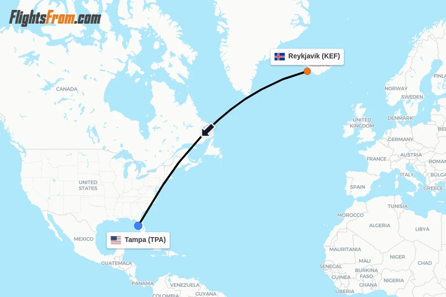 Flights from Reykjavik to Tampa route map