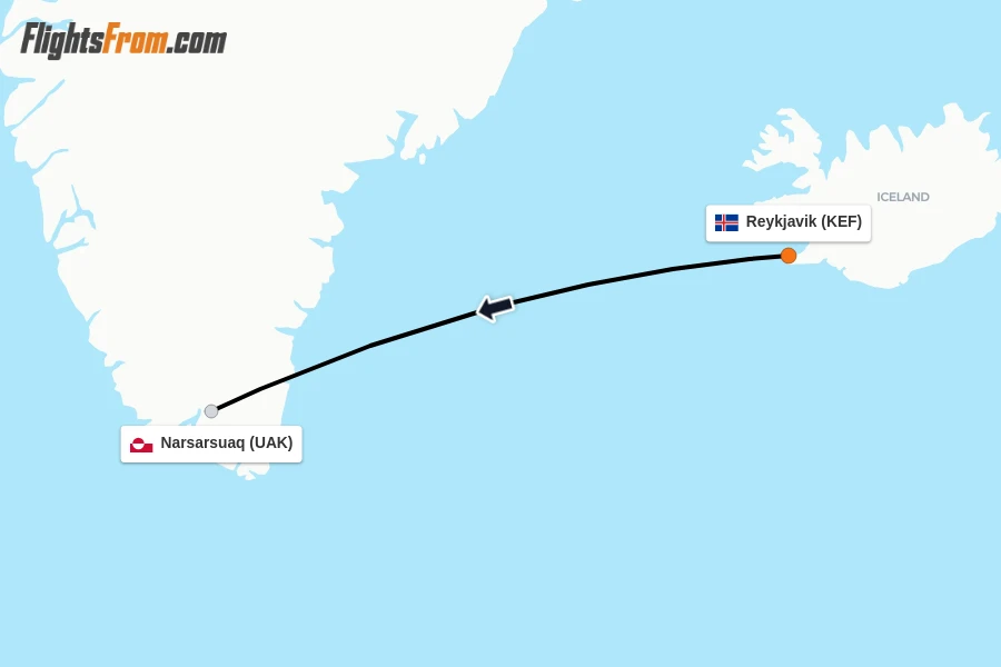 Flights from Reykjavik to Narsarsuaq route map