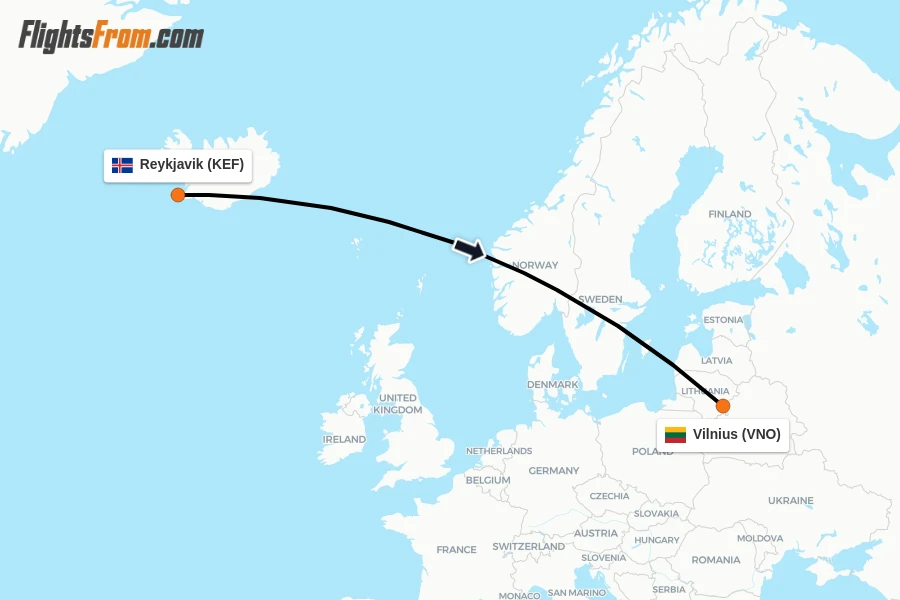 Flights from Reykjavik to Vilnius route map