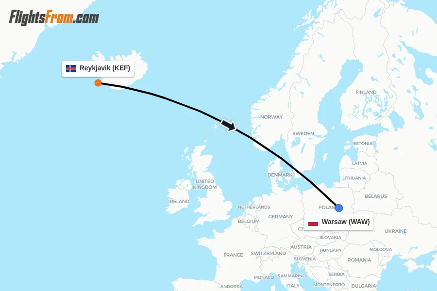 Flights from Reykjavik to Warsaw route map
