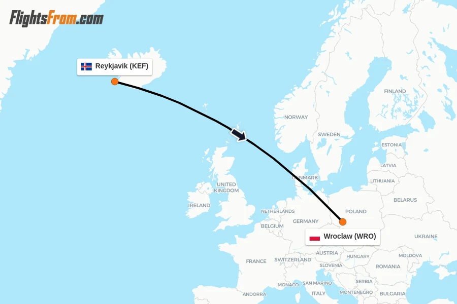 Flights from Reykjavik to Wroclaw route map