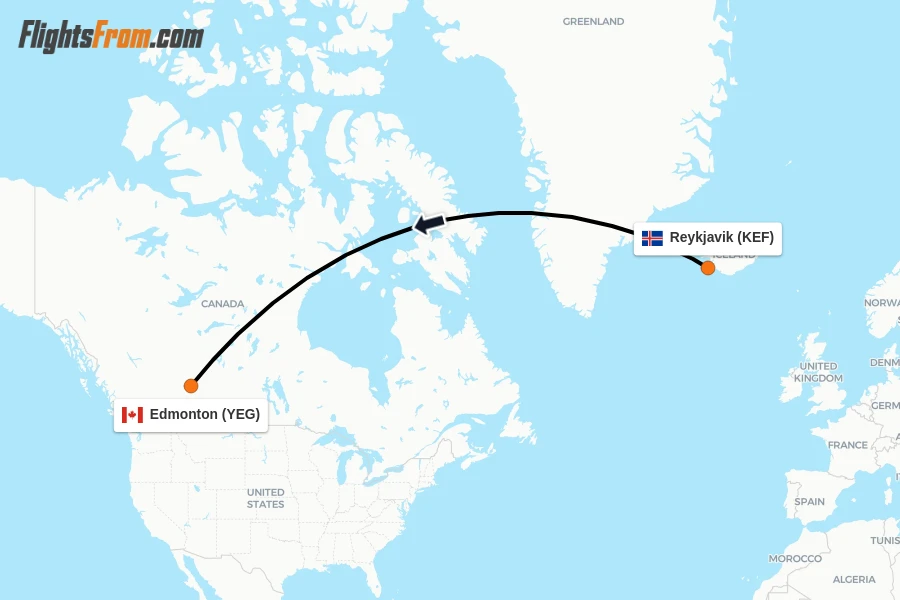Flights from Reykjavik to Edmonton route map
