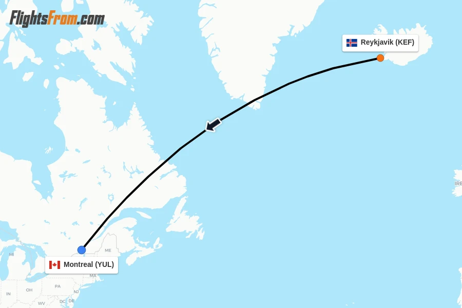 Flights from Reykjavik to Montreal route map