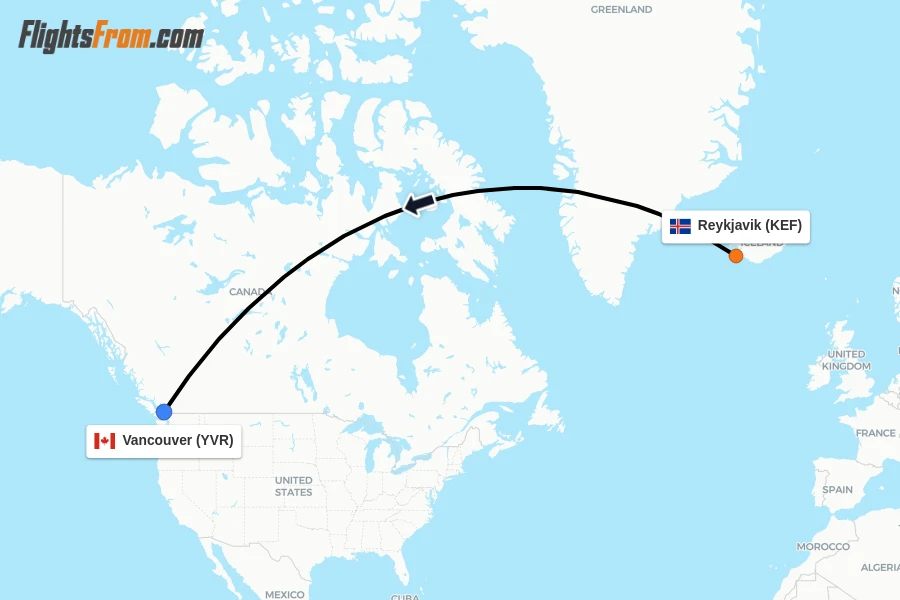 Flights from Reykjavik to Vancouver route map