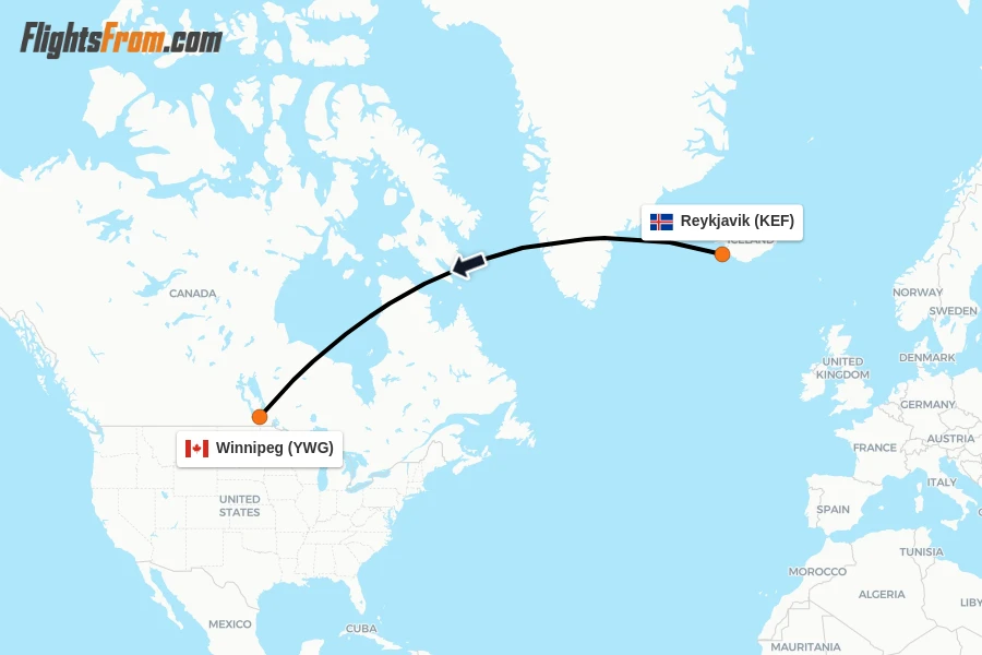 Flights from Reykjavik to Winnipeg route map