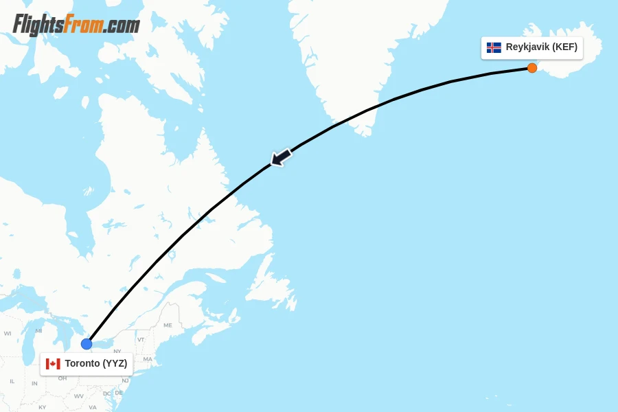 Flights from Reykjavik to Toronto route map