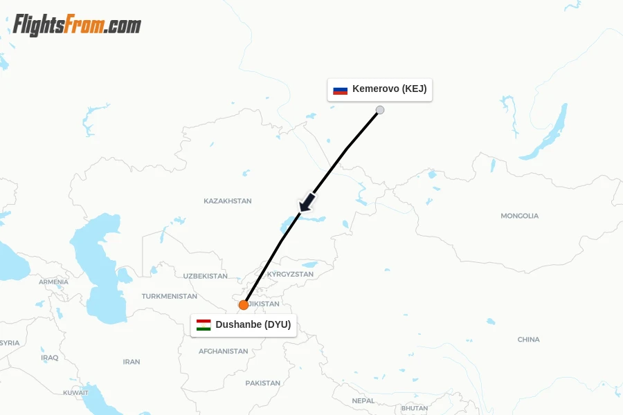 Flights from Kemerovo to Dushanbe route map