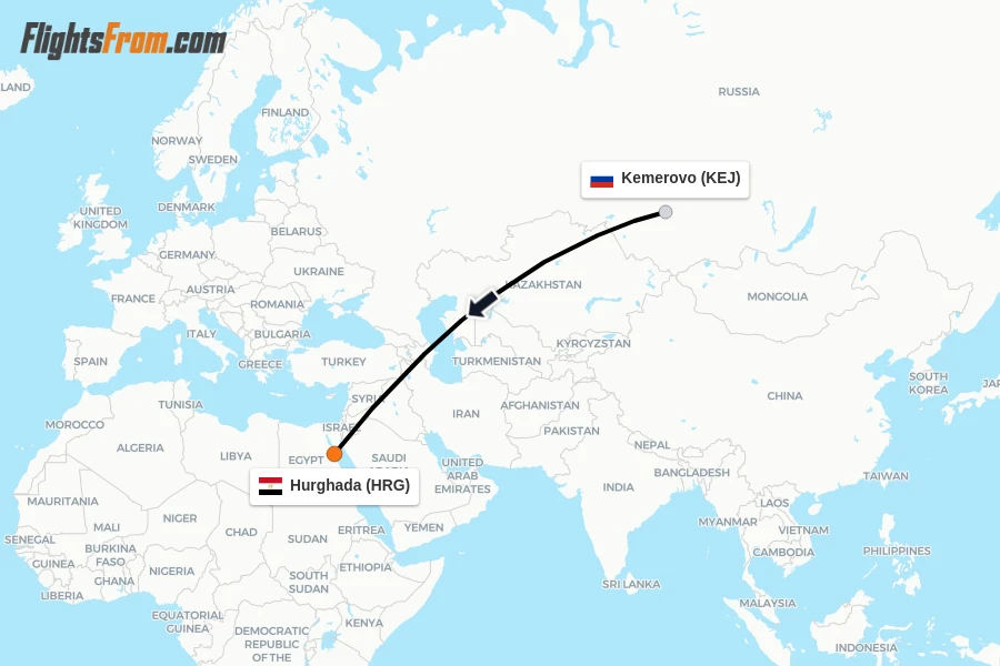 Flights from Kemerovo to Hurghada route map