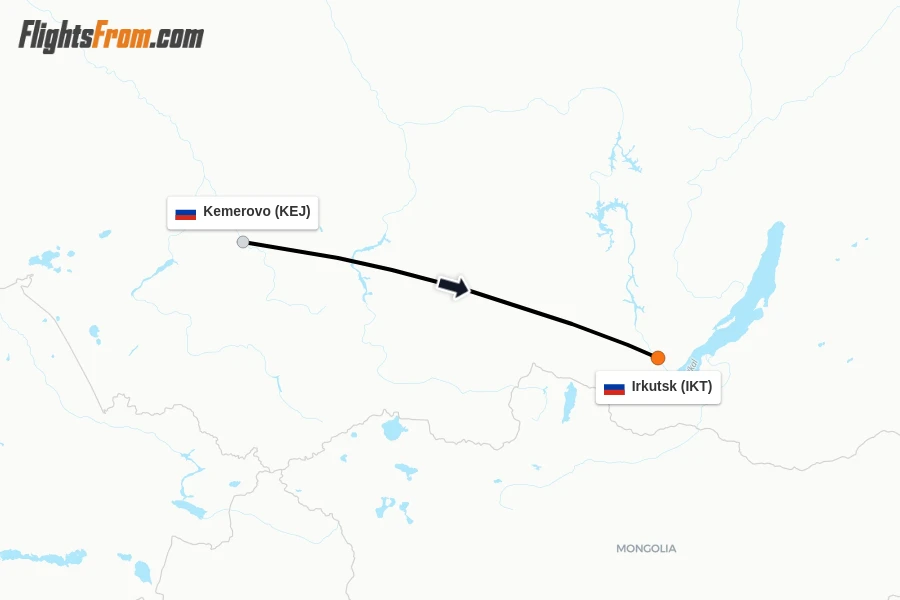 Flights from Kemerovo to Irkutsk route map