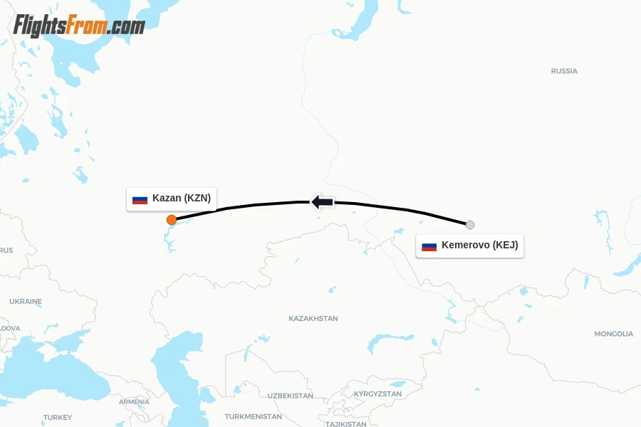 Flights from Kemerovo to Kazan route map