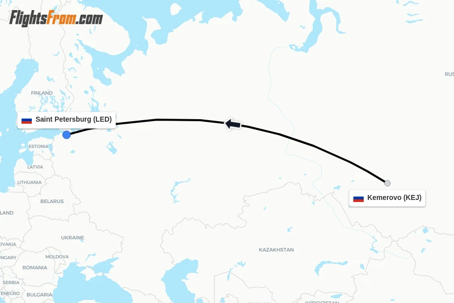 Flights from Kemerovo to Saint Petersburg route map