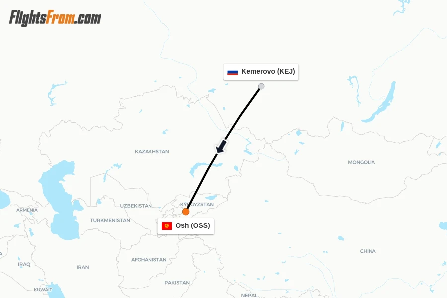 Flights from Kemerovo to Osh route map