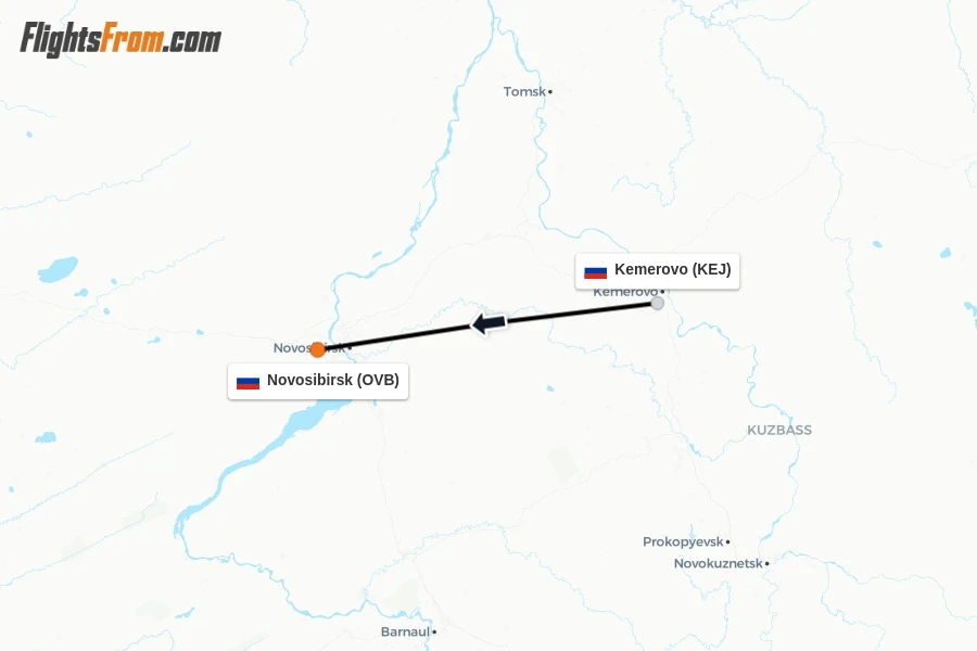 Flights from Kemerovo to Novosibirsk route map
