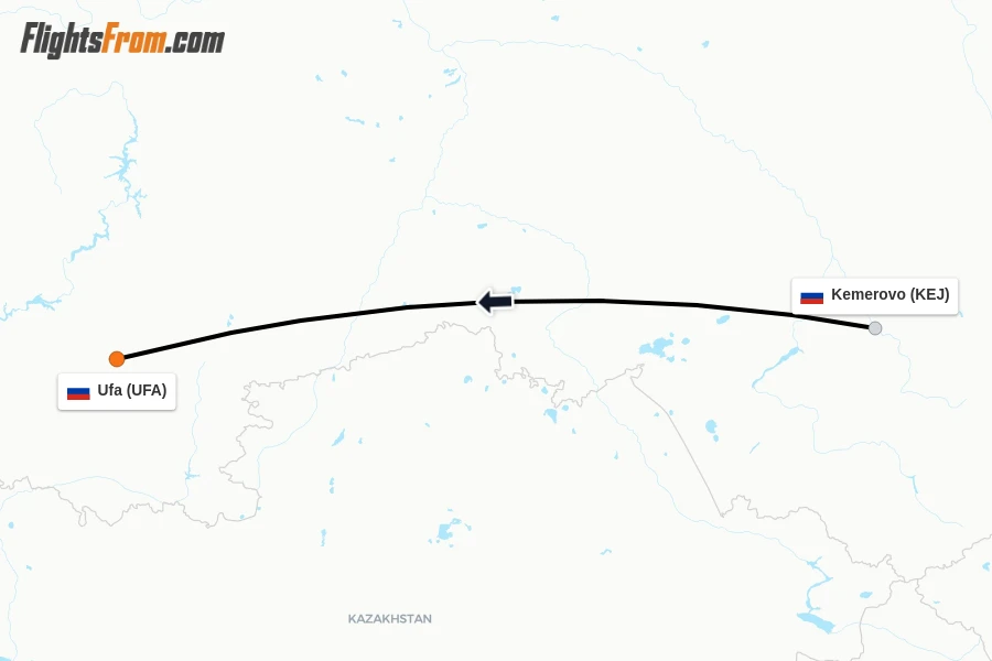 Flights from Kemerovo to Ufa route map