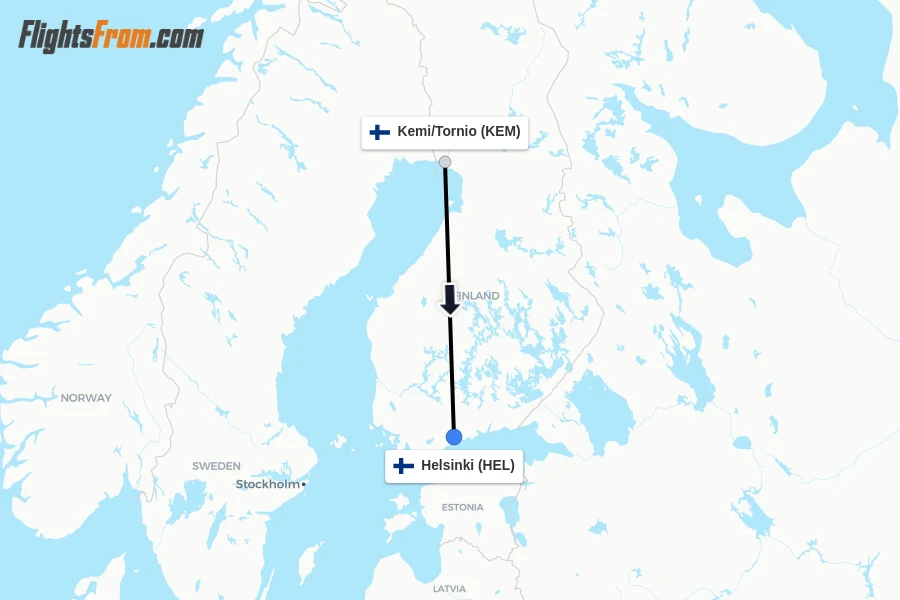 Flights from Kemi/Tornio to Helsinki route map