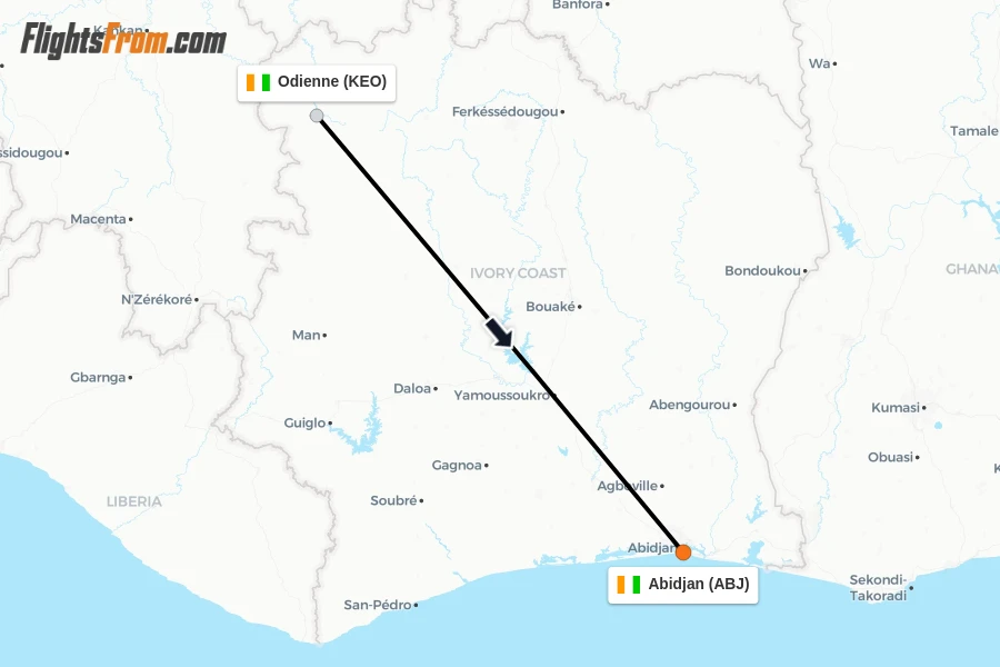 Flights from Odienne to Abidjan route map