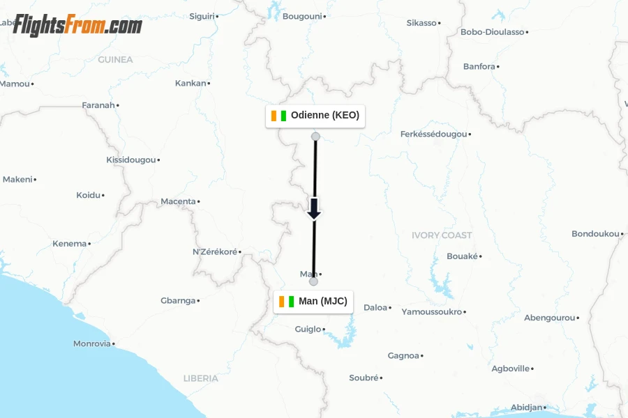 Flights from Odienne to Man route map