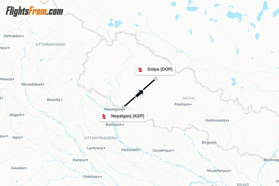 Flights from Nepalganj to Dolpa route map