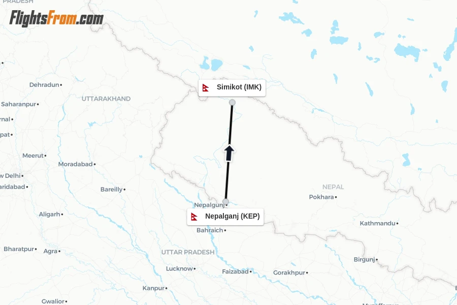 Flights from Nepalganj to Simikot route map
