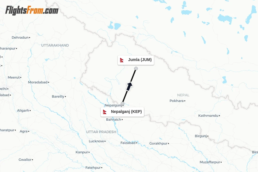 Flights from Nepalganj to Jumla route map