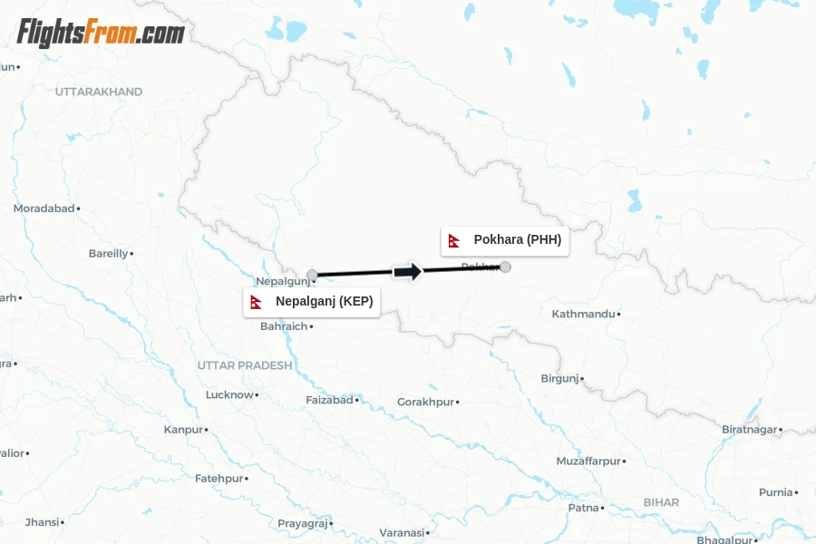 Flights from Nepalganj to Pokhara route map