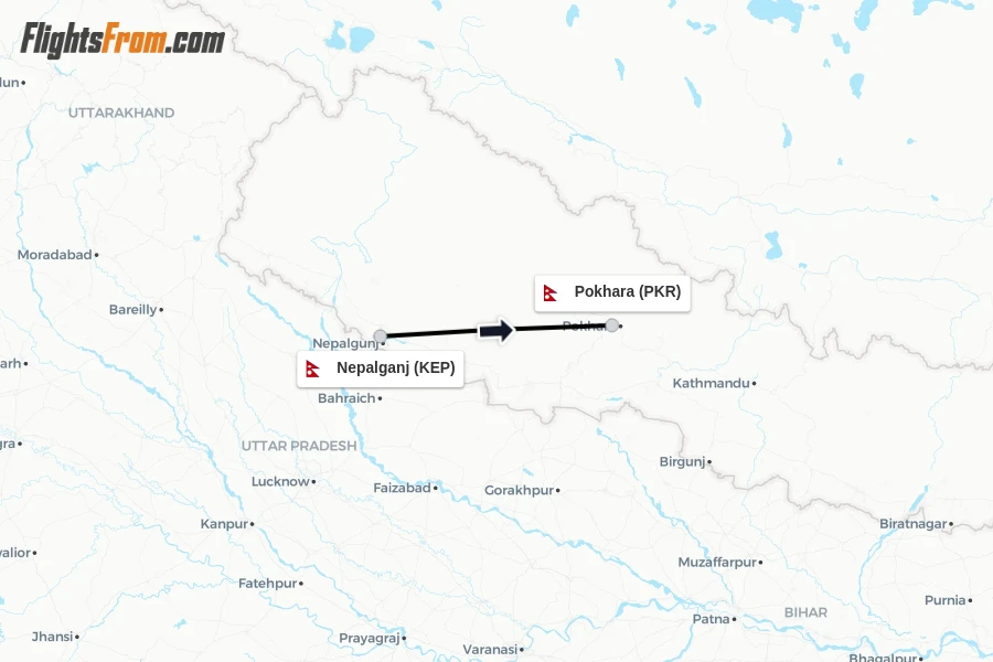 Flights from Nepalganj to Pokhara route map