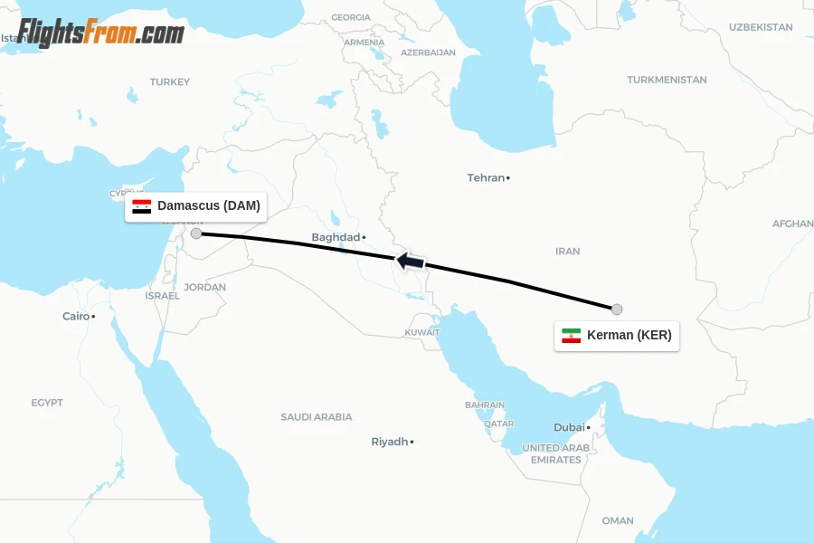 Flights from Kerman to Damascus route map