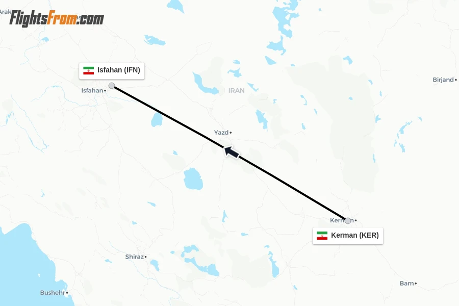 Flights from Kerman to Isfahan route map