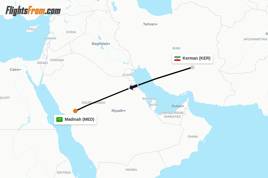 Flights from Kerman to Madinah route map