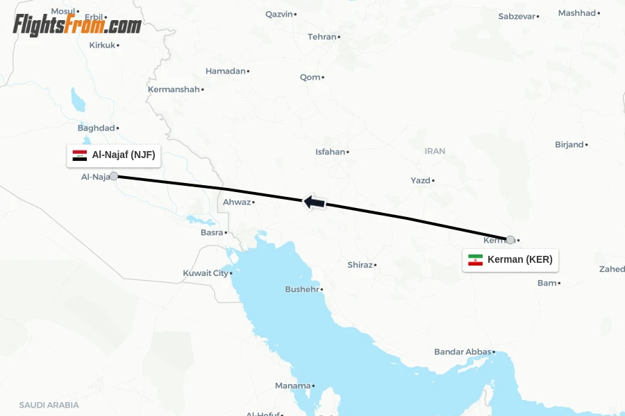 Flights from Kerman to Al-Najaf route map