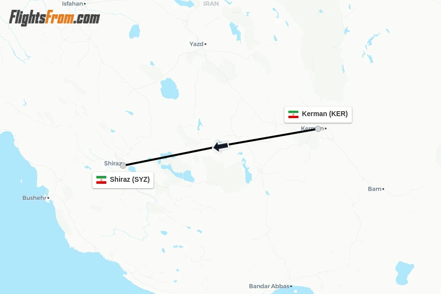 Flights from Kerman to Shiraz route map