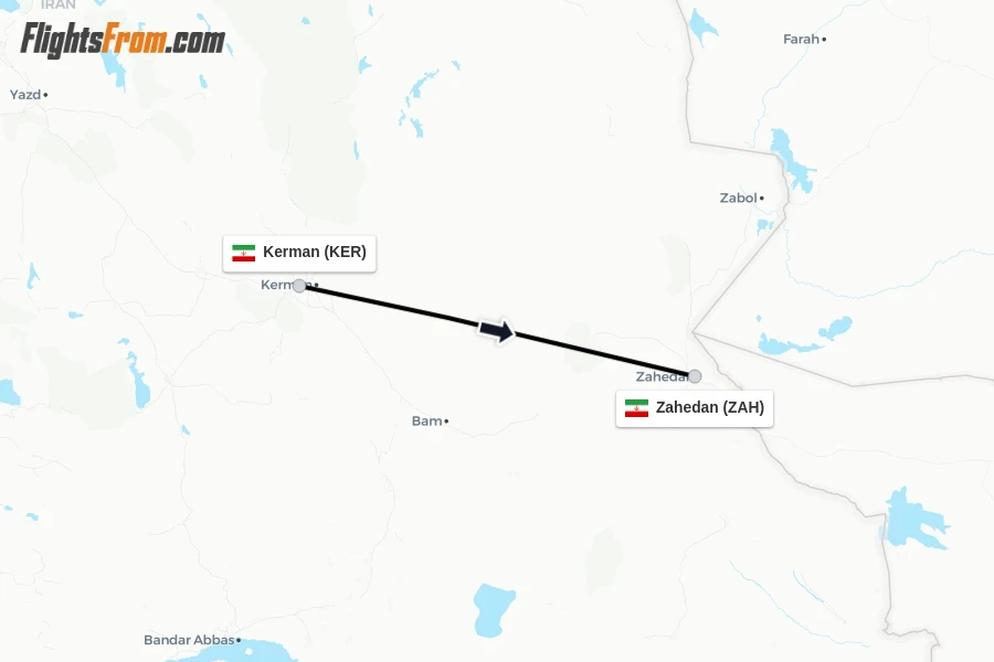 Flights from Kerman to Zahedan route map