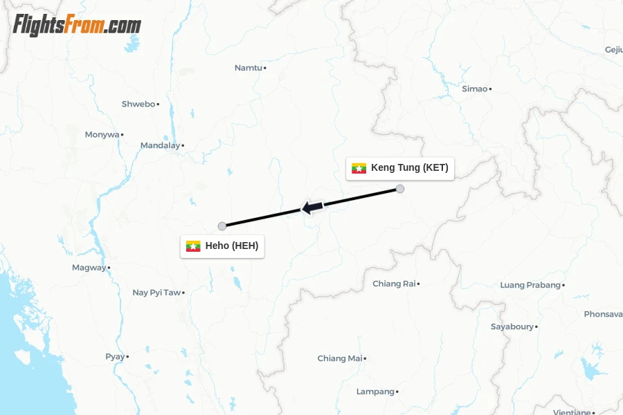 Flights from Keng Tung to Heho route map