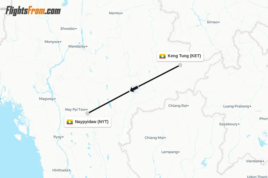 Flights from Keng Tung to Naypyidaw route map
